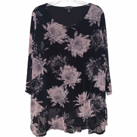 Kasper Tops - KASPER NWT 1Xlong sleeve tunic top blk&pink floral